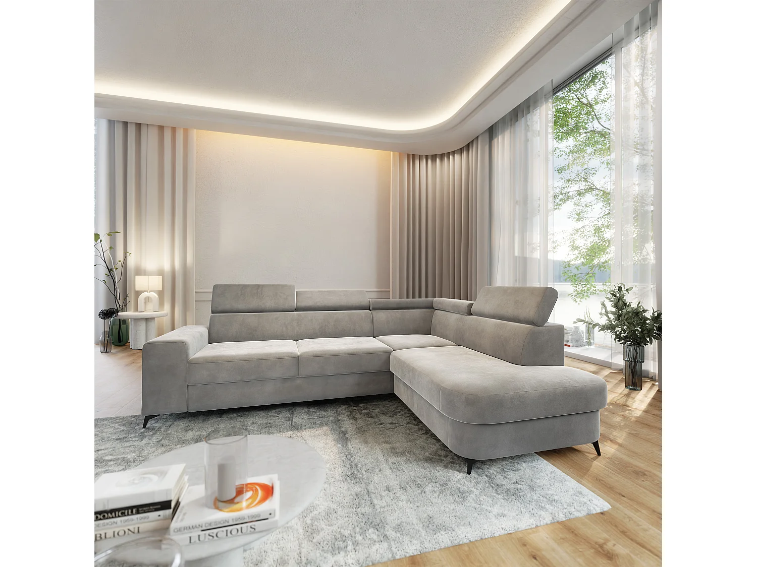 Hoekbank ALVORO van fluweel met slaapfunctie Hellgrau