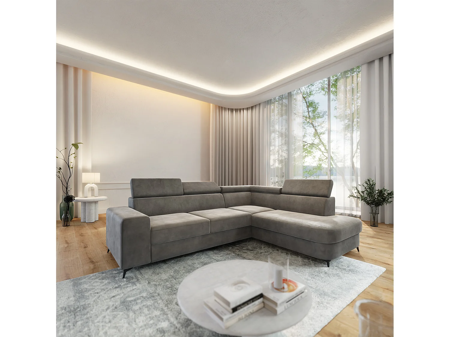 Hoekbank ALVORO van fluweel met slaapfunctie Grau