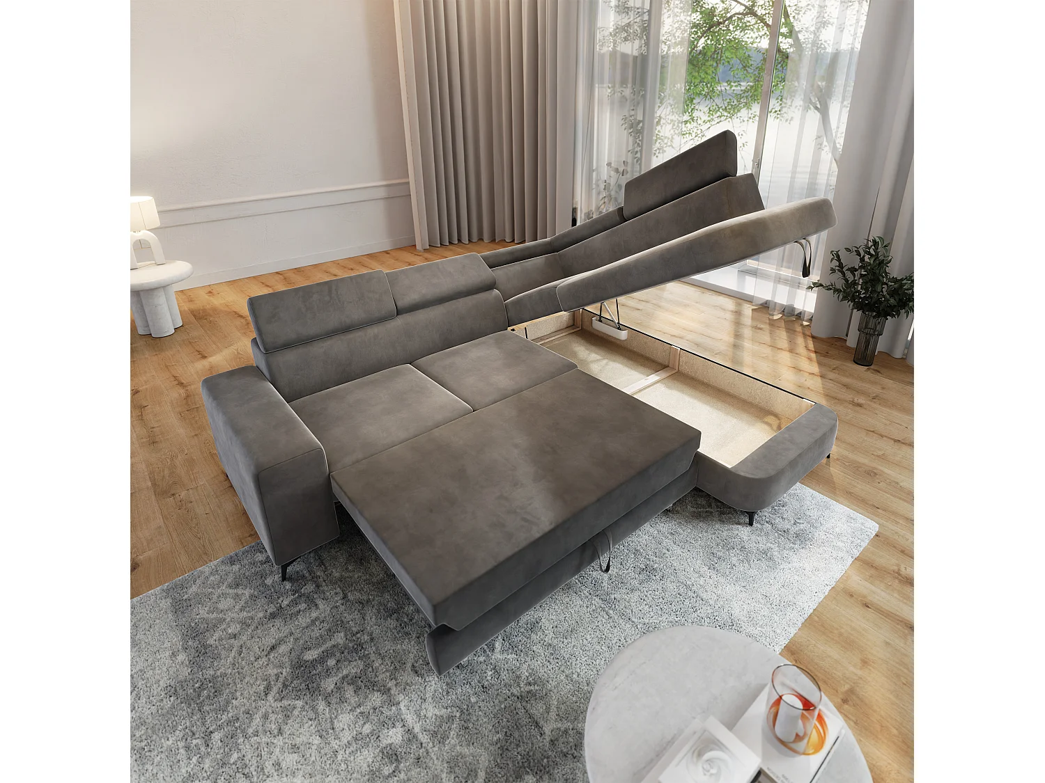 Hoekbank ALVORO van fluweel met slaapfunctie Grau