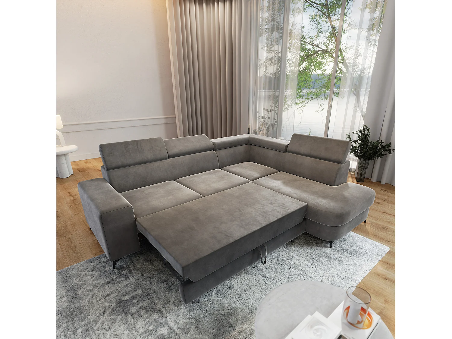 Hoekbank ALVORO van fluweel met slaapfunctie Grau
