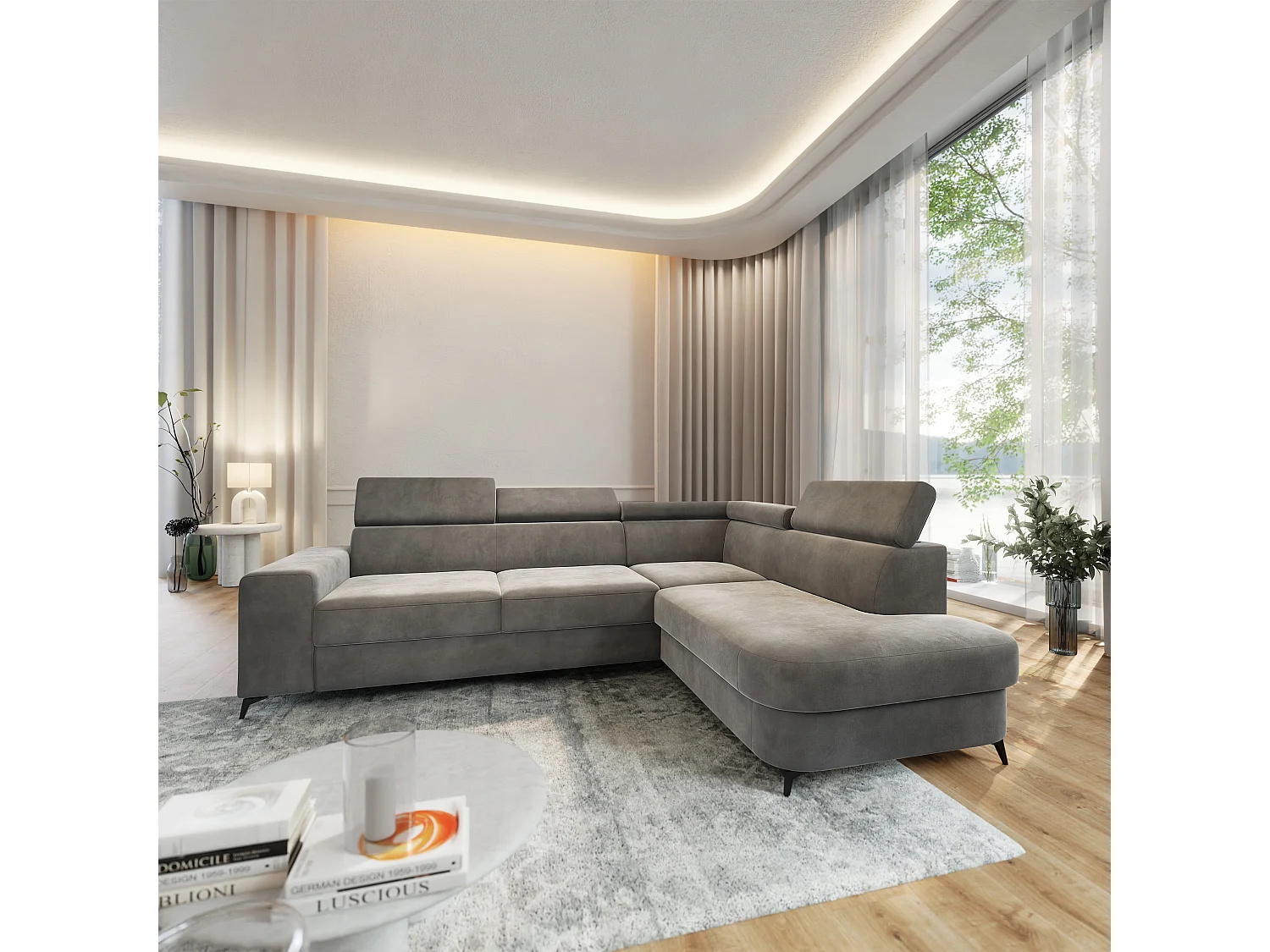 Hoekbank ALVORO van fluweel met slaapfunctie Grau