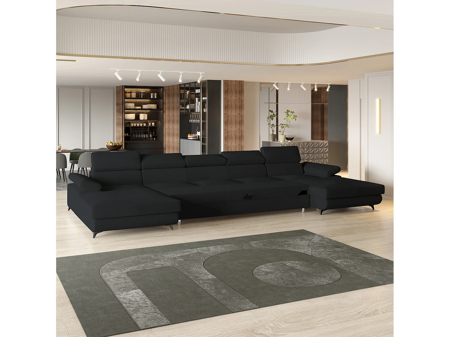 Canapé d'angle VIVENTE Noir en bouclé avec fonction de couchage