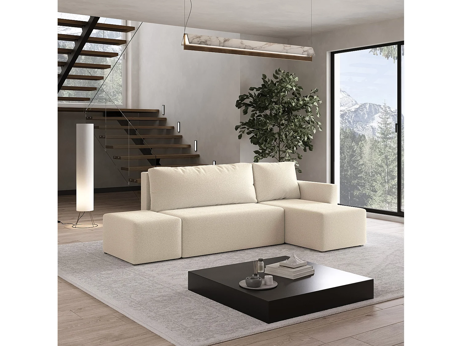 Hoekbank VELOTTI van fluweel met slaapfunctie Creme