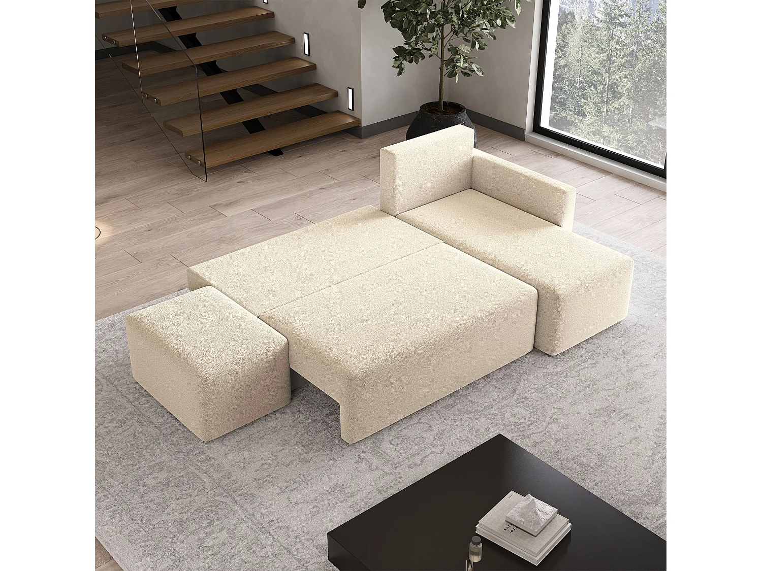 Hoekbank VELOTTI van fluweel met slaapfunctie Creme