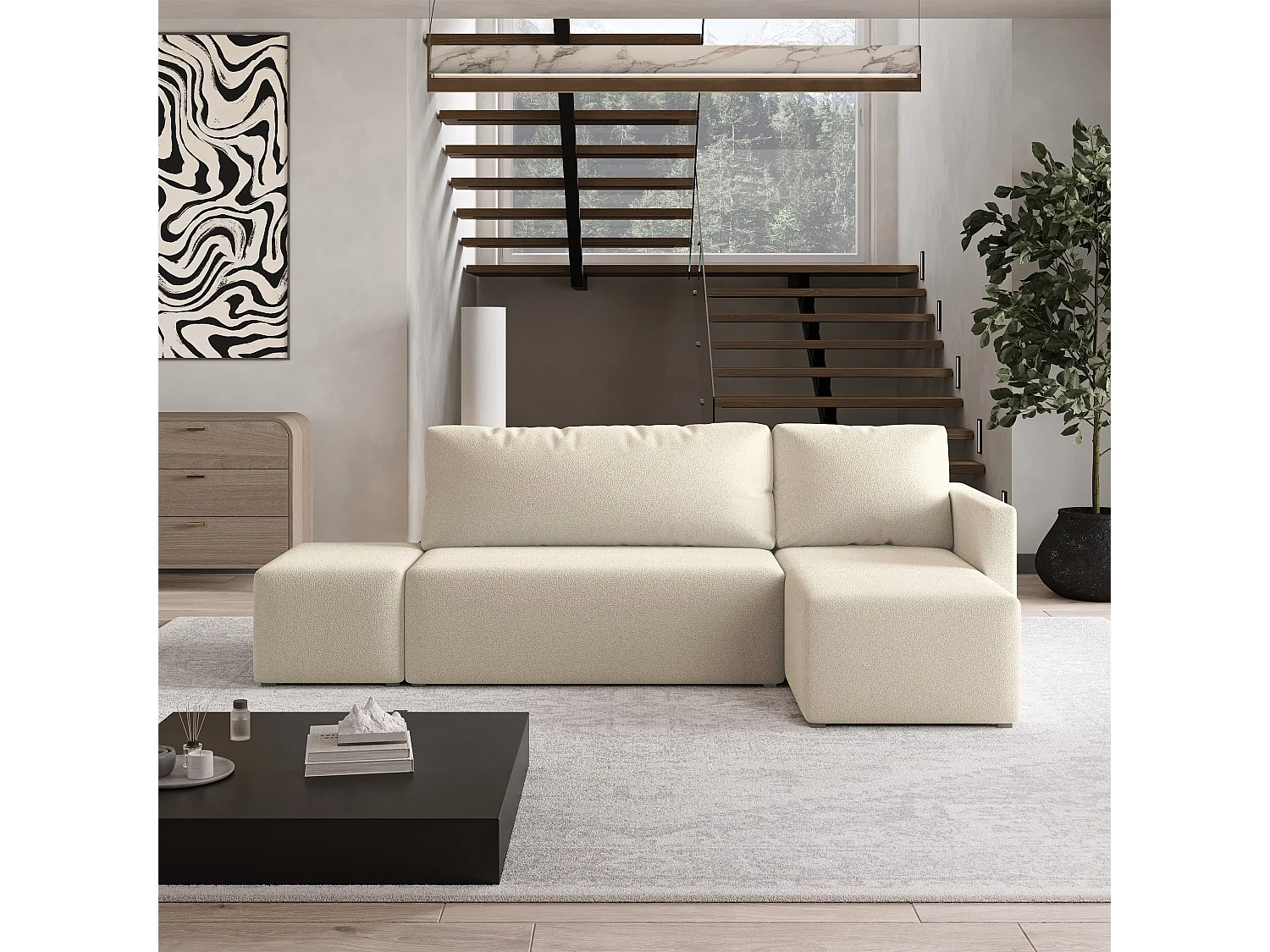 Hoekbank VELOTTI van fluweel met slaapfunctie Creme