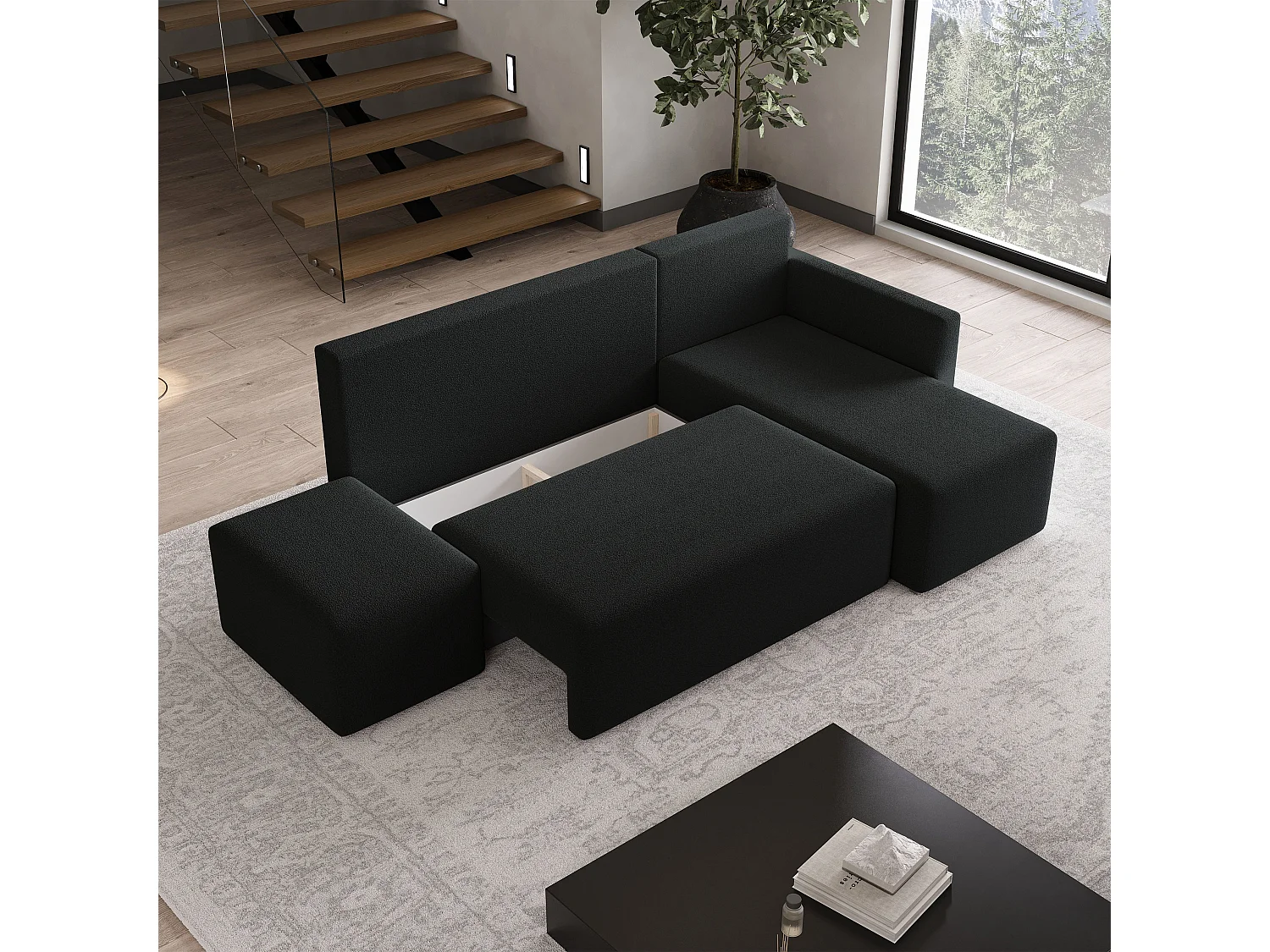 Hoekbank VELOTTI van fluweel met slaapfunctie Schwarz