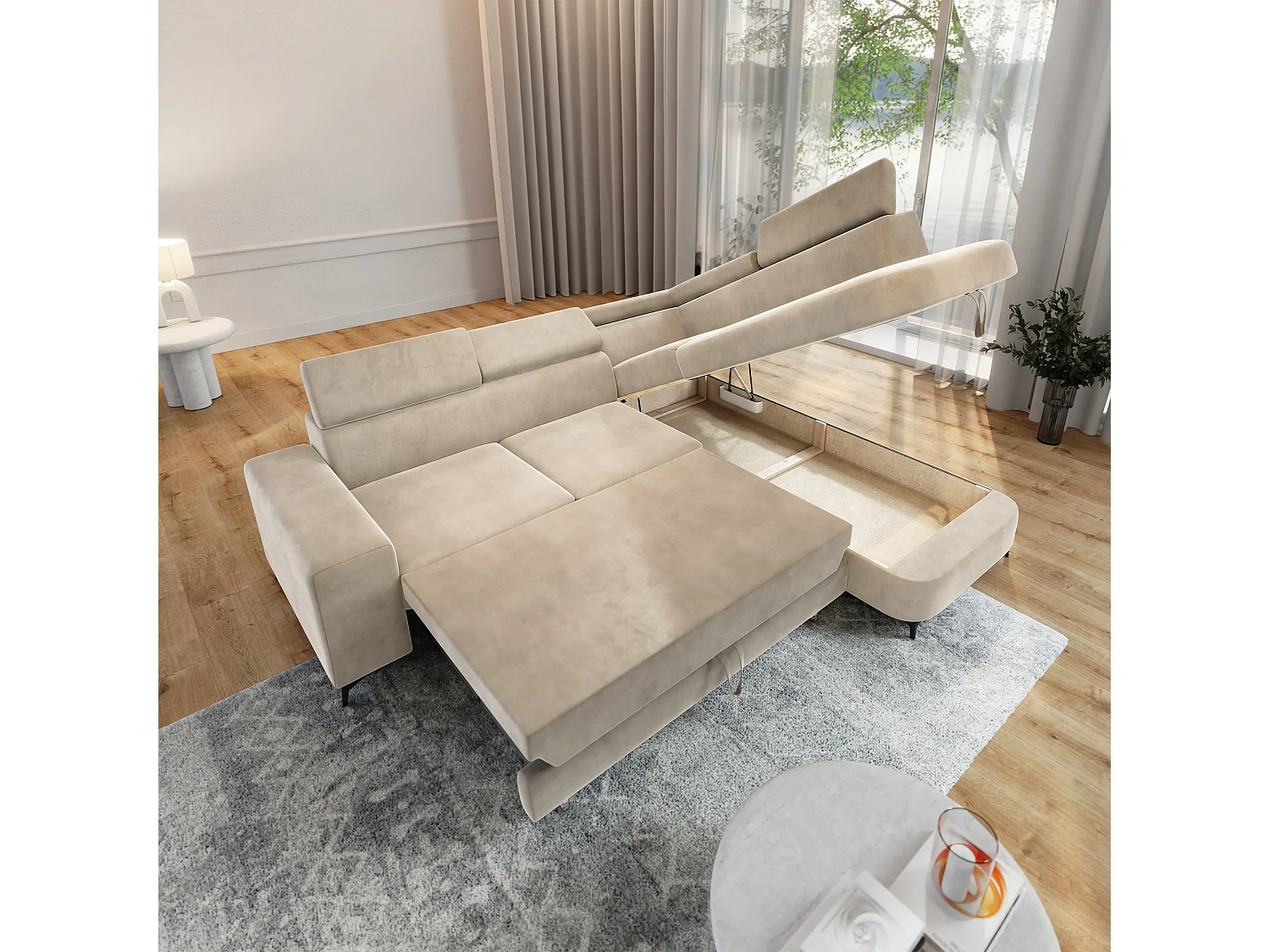 Hoekbank ALVORO van fluweel met slaapfunctie Creme
