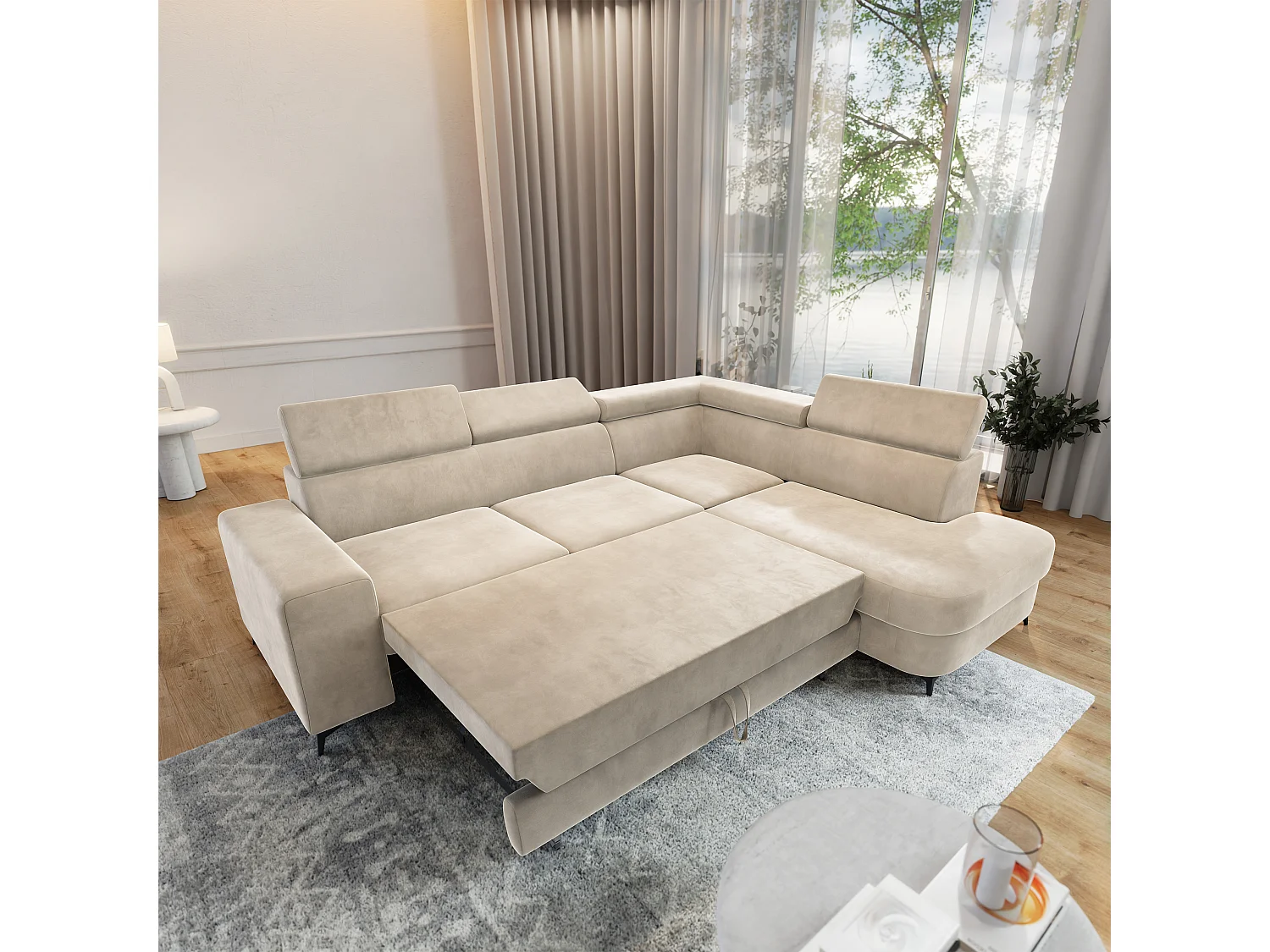 Hoekbank ALVORO van fluweel met slaapfunctie Creme