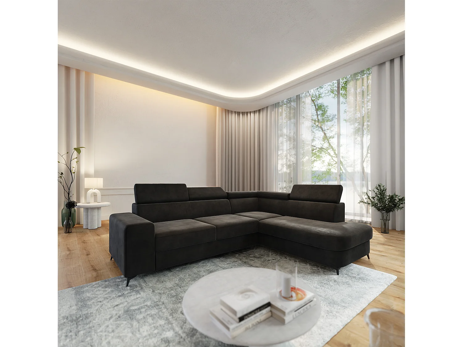 Hoekbank ALVORO van fluweel met slaapfunctie Schwarz