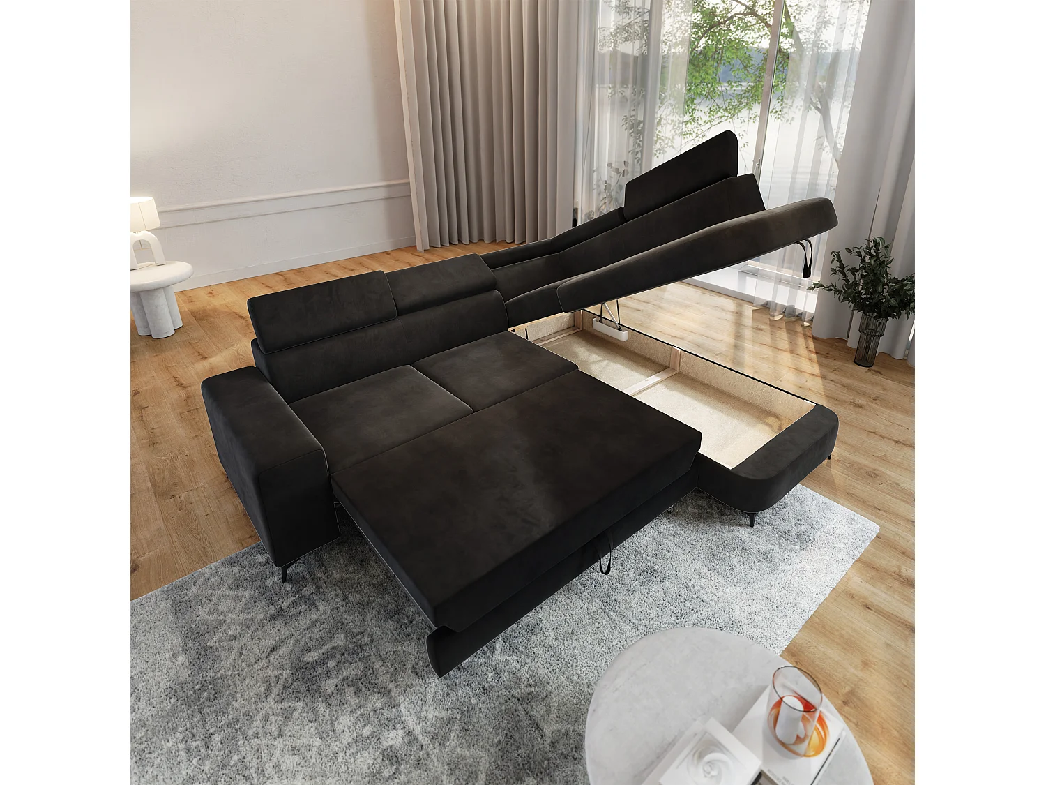Hoekbank ALVORO van fluweel met slaapfunctie Schwarz