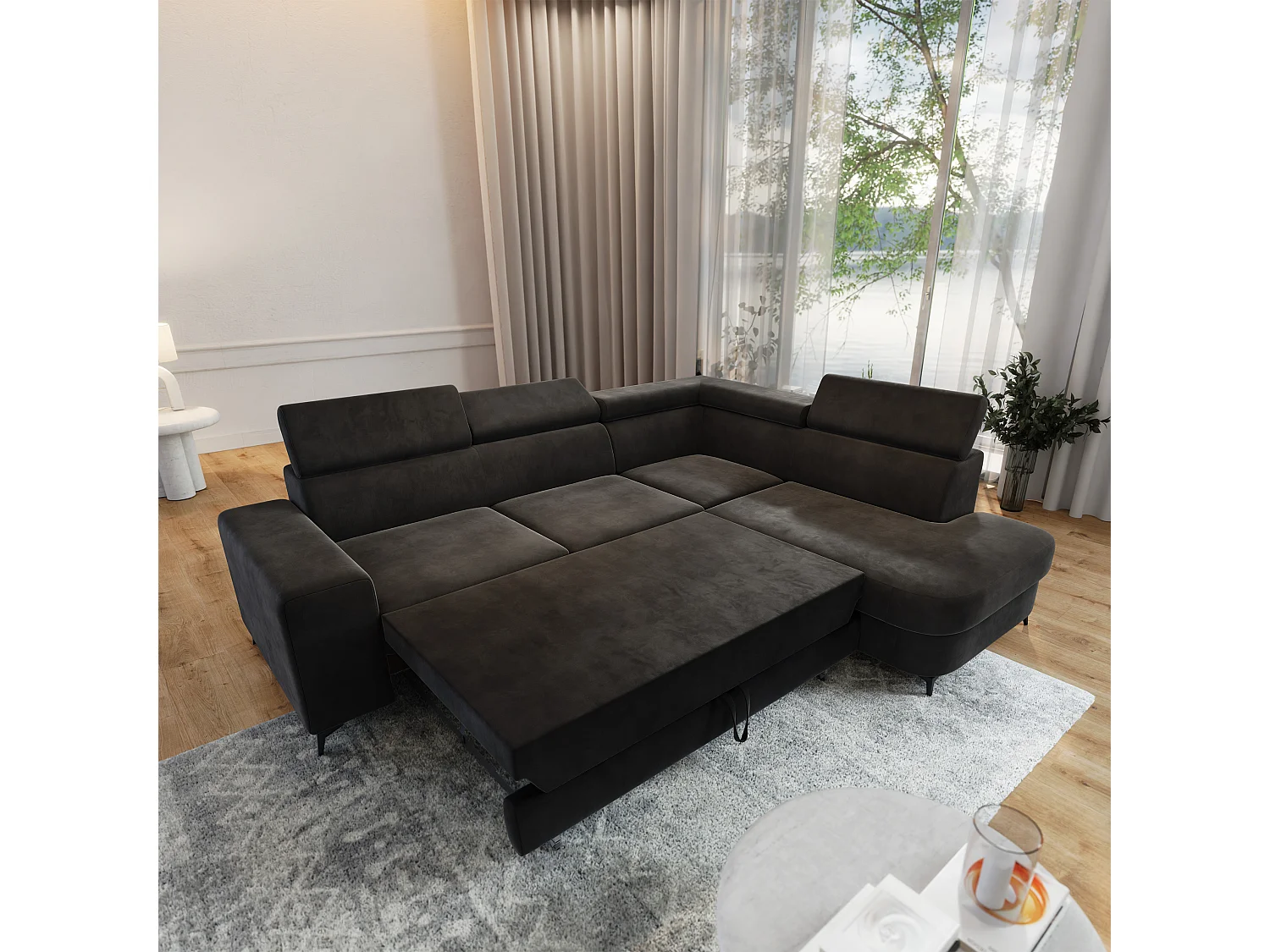 Hoekbank ALVORO van fluweel met slaapfunctie Schwarz