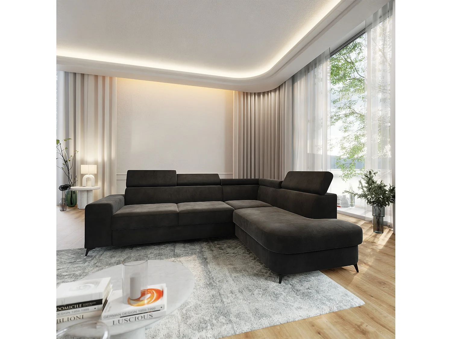 Hoekbank ALVORO van fluweel met slaapfunctie Schwarz