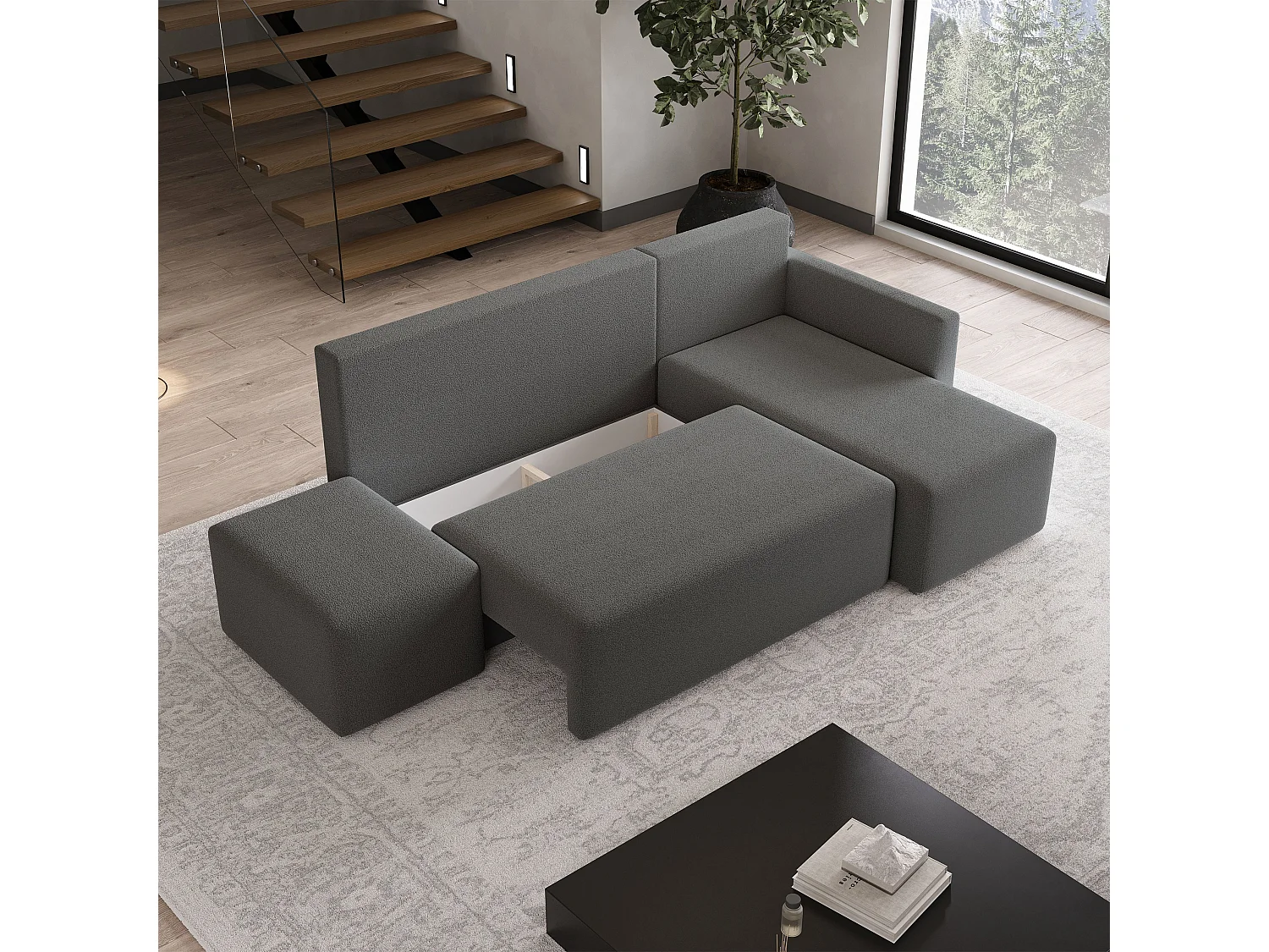 Hoekbank VELOTTI van fluweel met slaapfunctie Grau