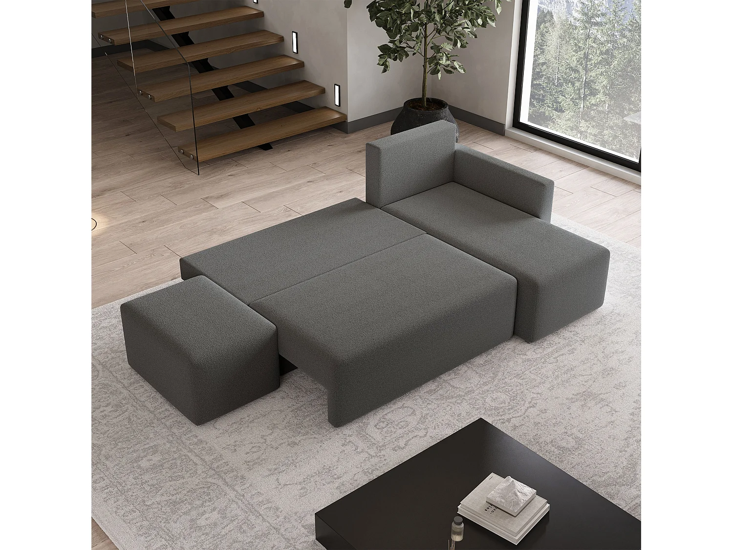 Hoekbank VELOTTI van fluweel met slaapfunctie Grau