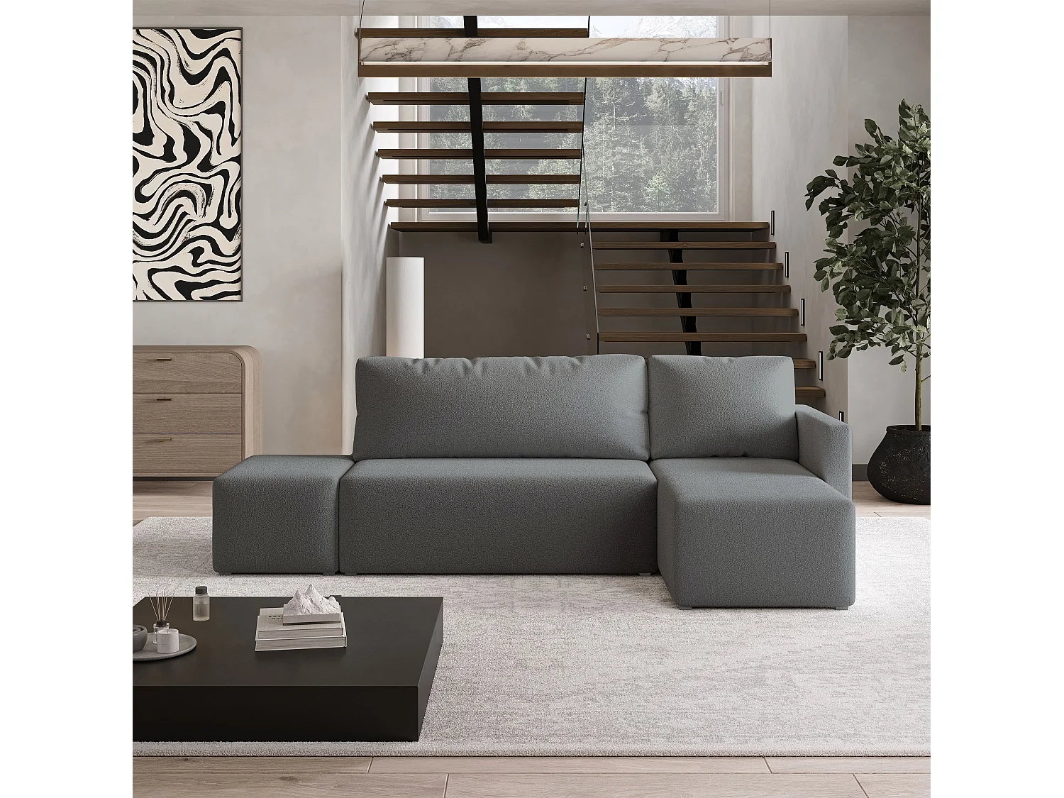 Hoekbank VELOTTI van fluweel met slaapfunctie Grau