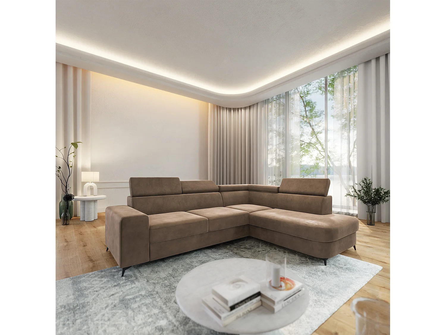 Hoekbank ALVORO van fluweel met slaapfunctie Beige