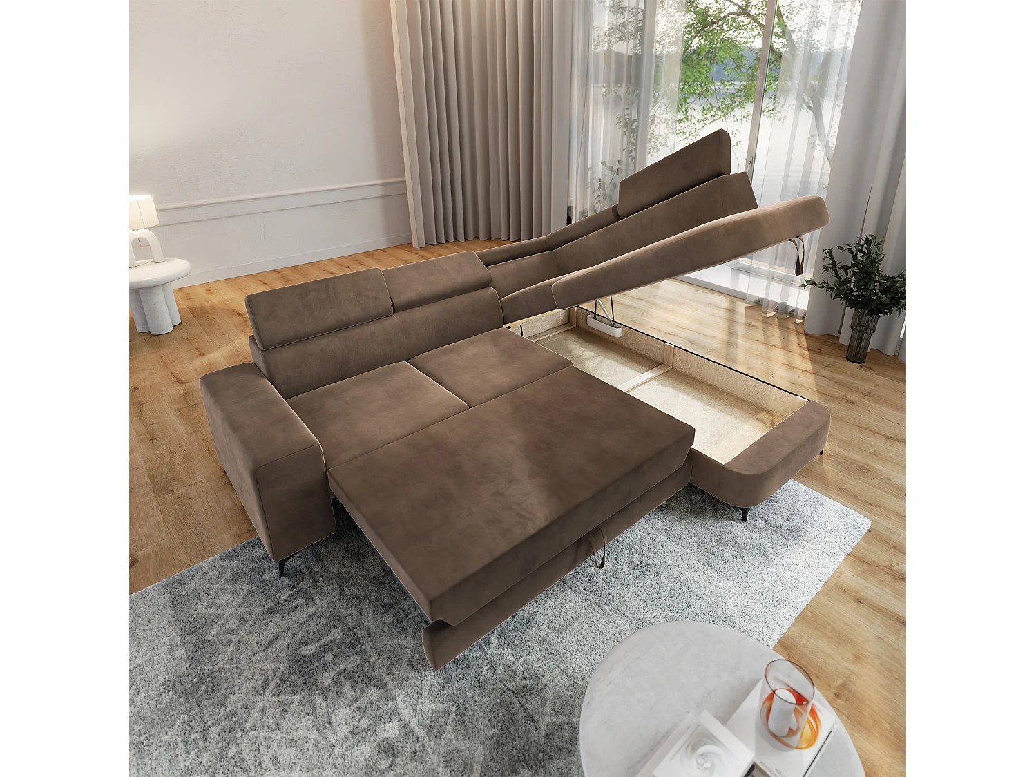 Hoekbank ALVORO van fluweel met slaapfunctie Beige