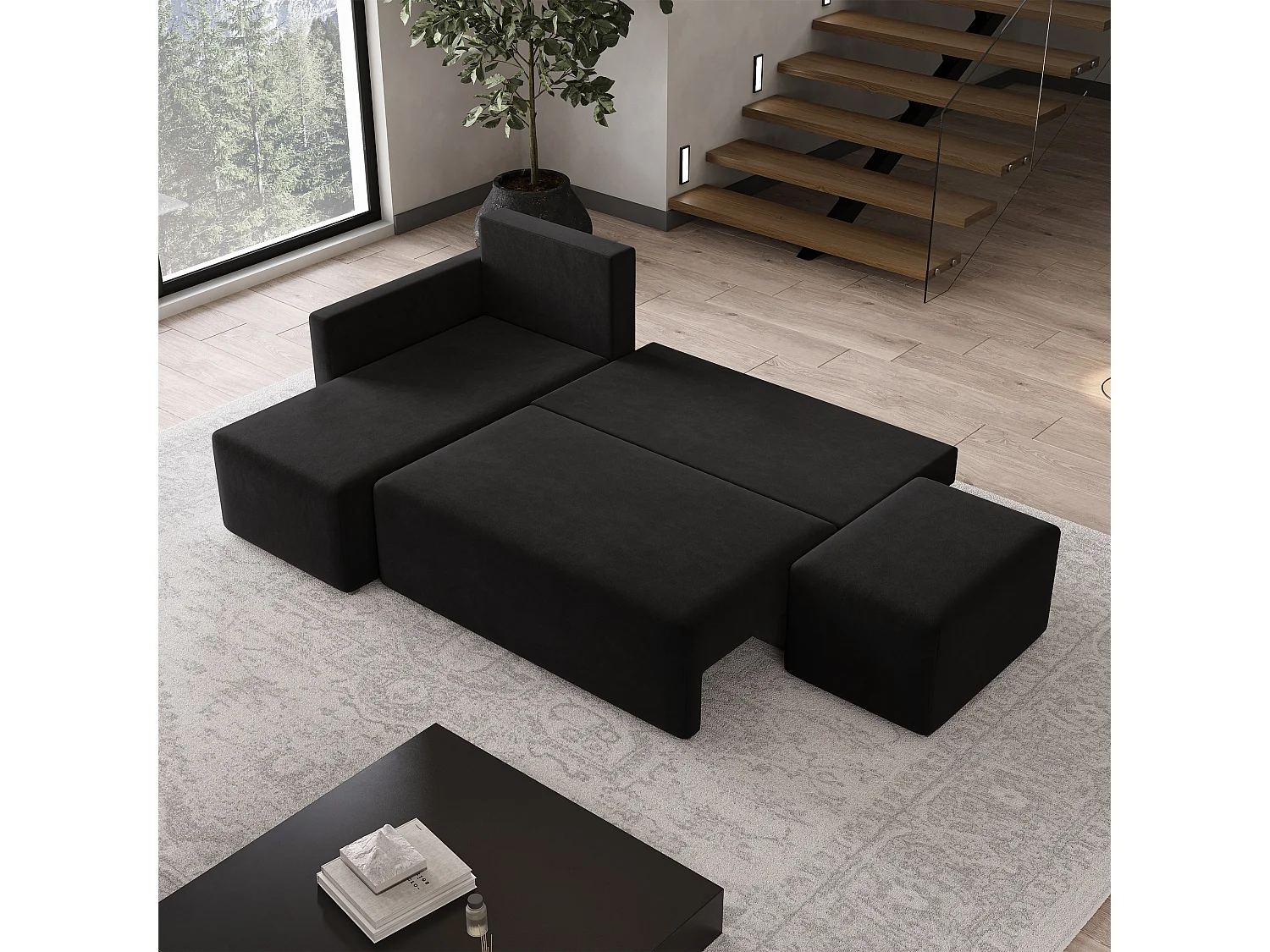 Hoekbank VELOTTI van fluweel met slaapfunctie Schwarz