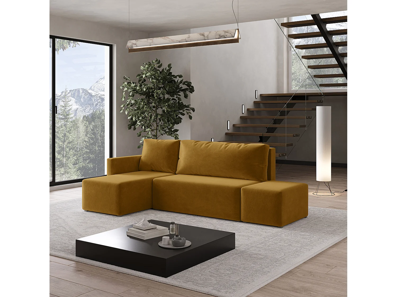 Hoekbank VELOTTI van fluweel met slaapfunctie Gelb
