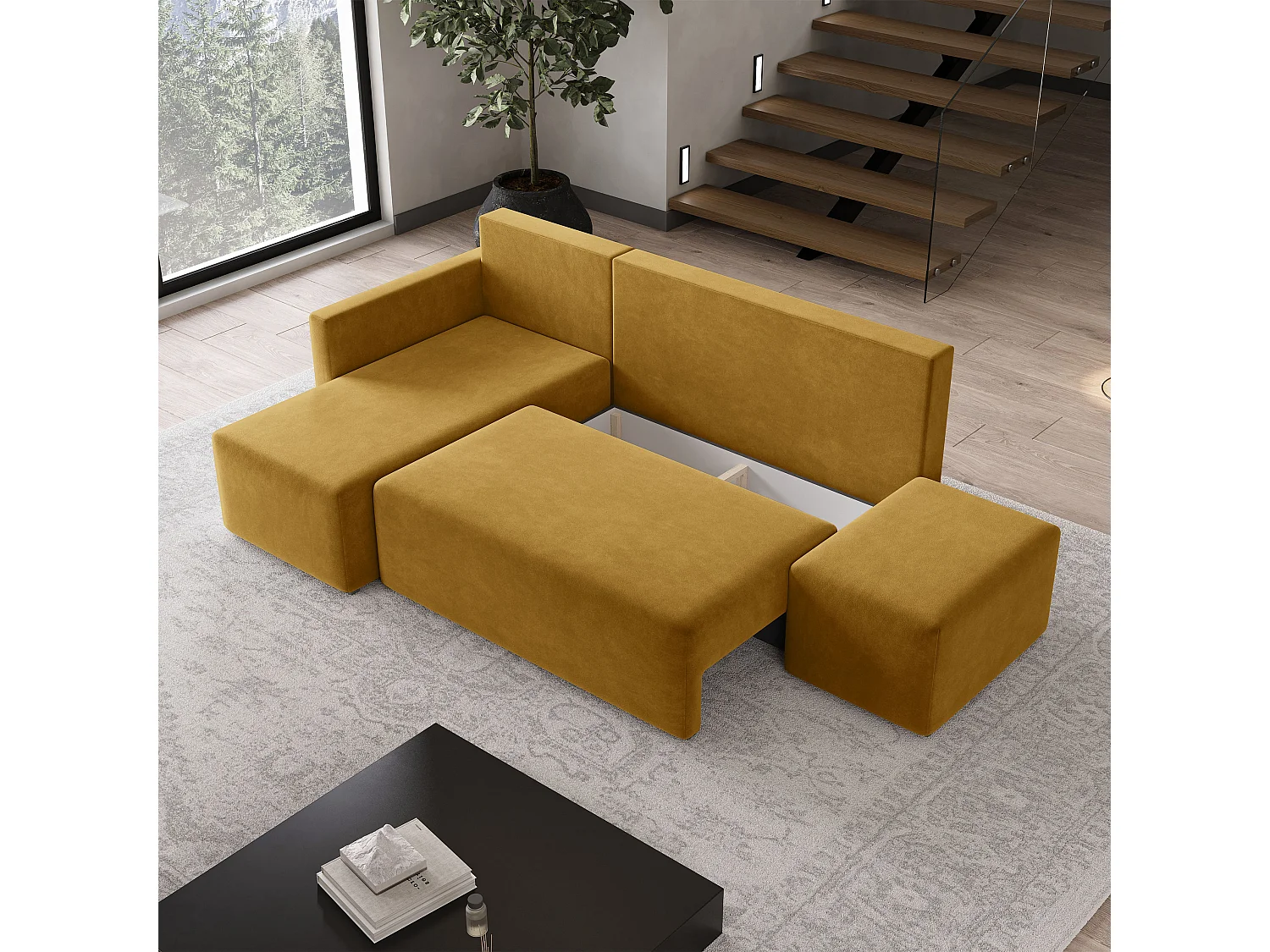 Hoekbank VELOTTI van fluweel met slaapfunctie Gelb