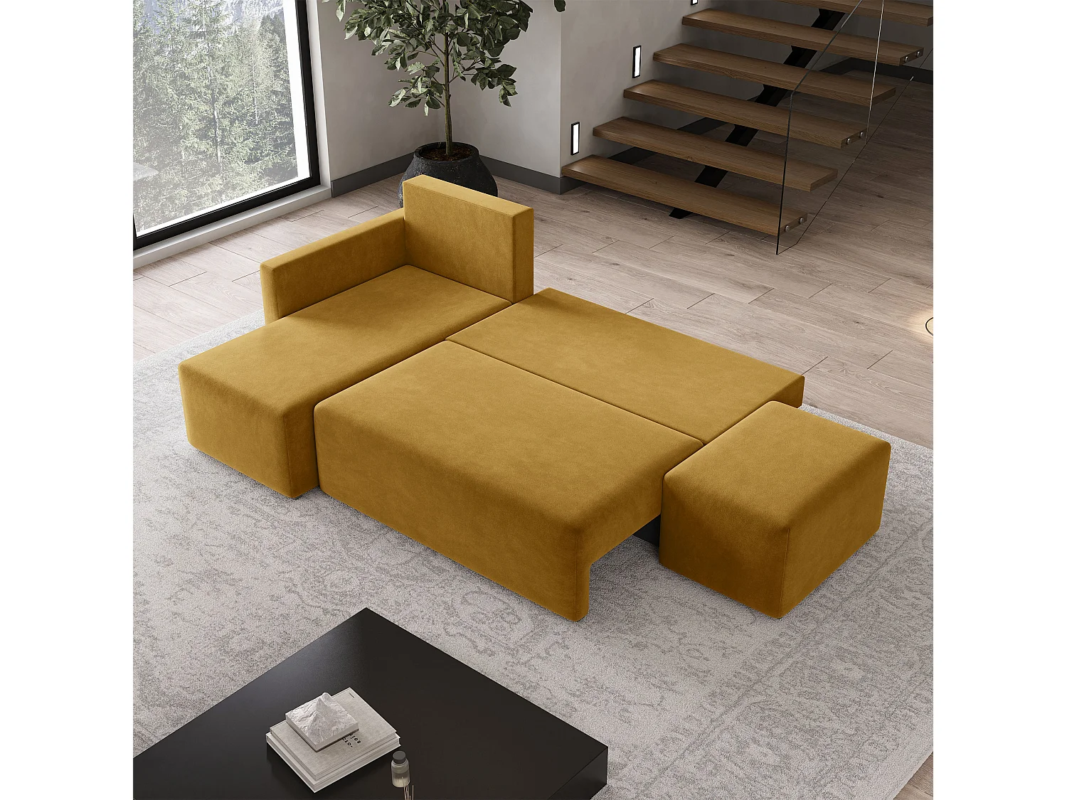 Hoekbank VELOTTI van fluweel met slaapfunctie Gelb