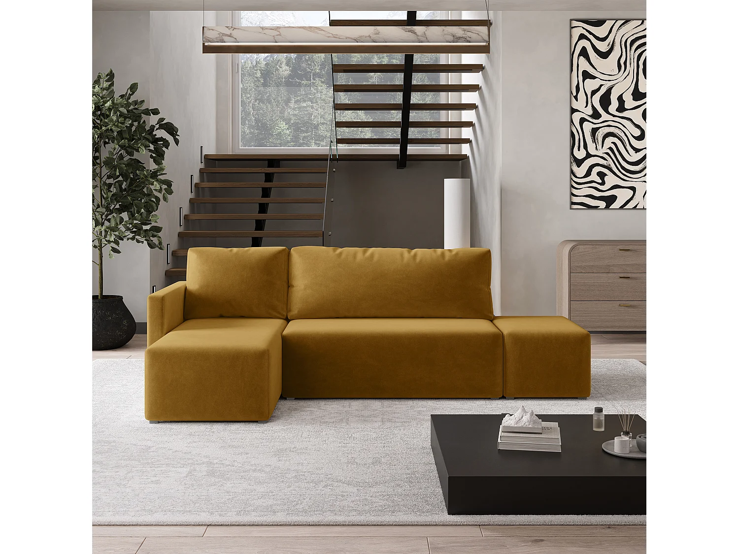 Hoekbank VELOTTI van fluweel met slaapfunctie Gelb