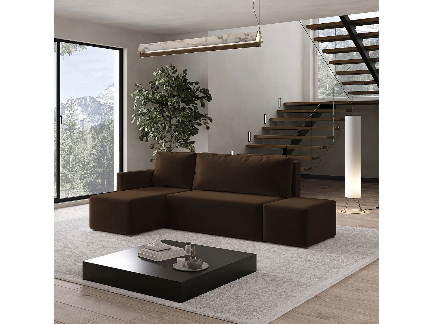 Hoekbank VELOTTI van fluweel met slaapfunctie Braun
