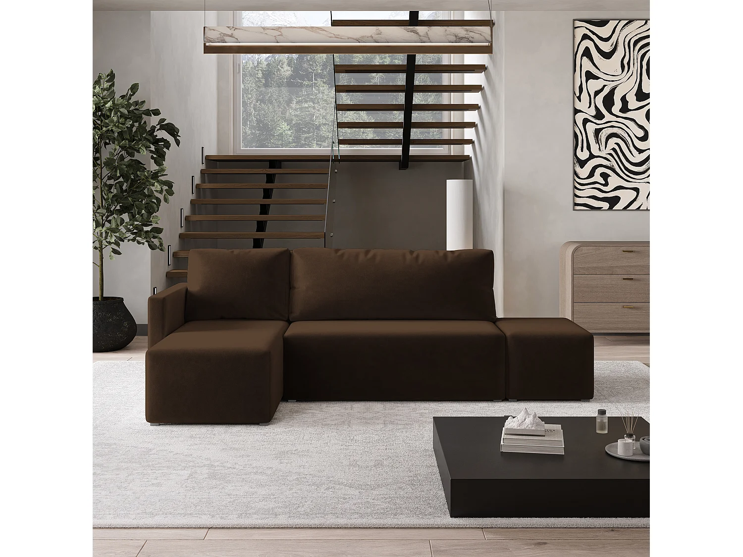 Hoekbank VELOTTI van fluweel met slaapfunctie Braun