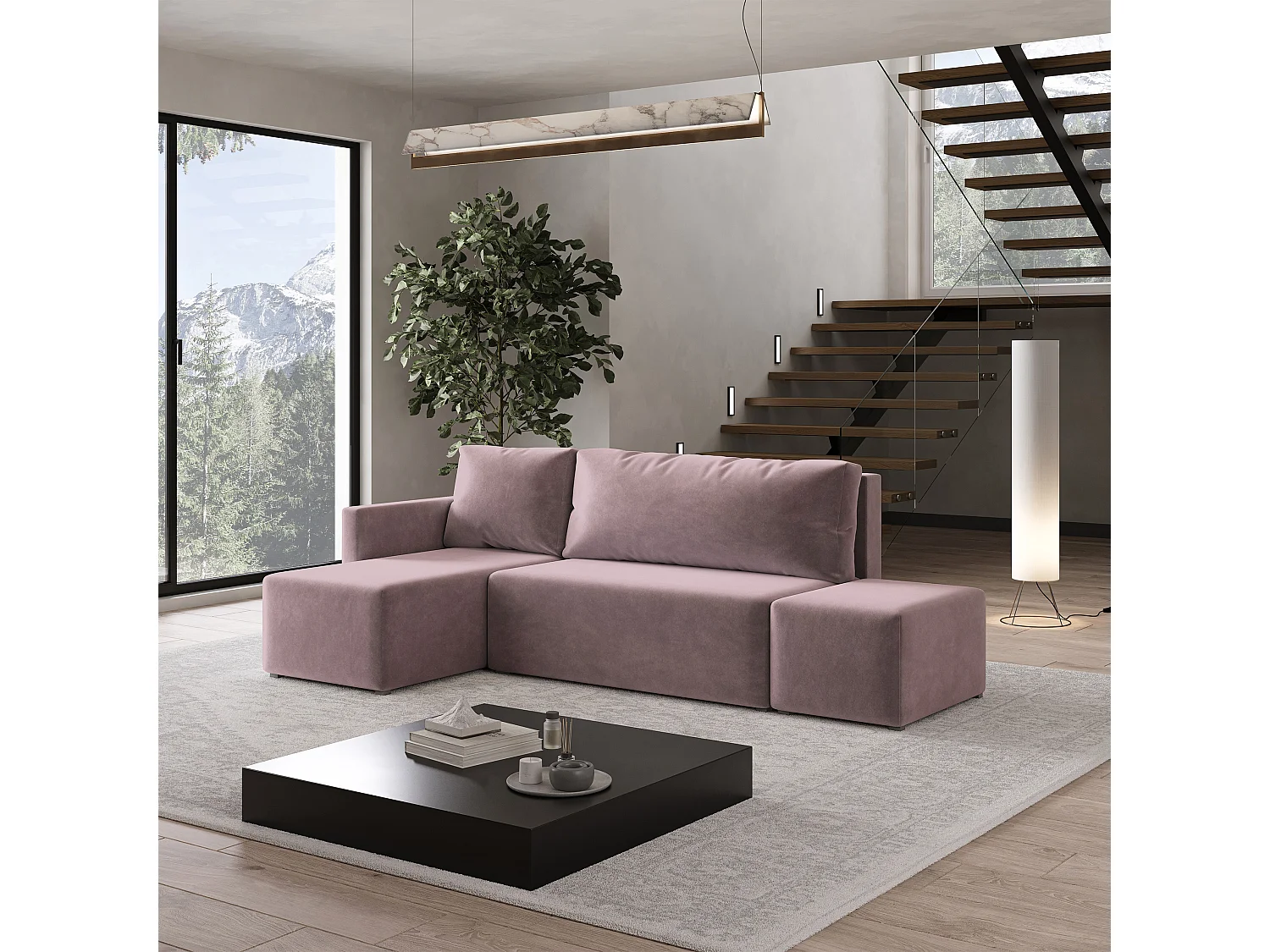 Hoekbank VELOTTI van fluweel met slaapfunctie Rosa