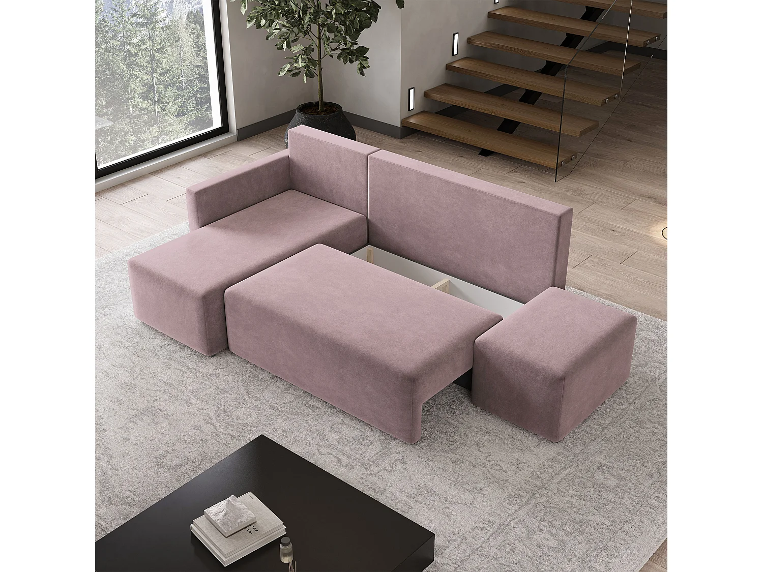 Hoekbank VELOTTI van fluweel met slaapfunctie Rosa
