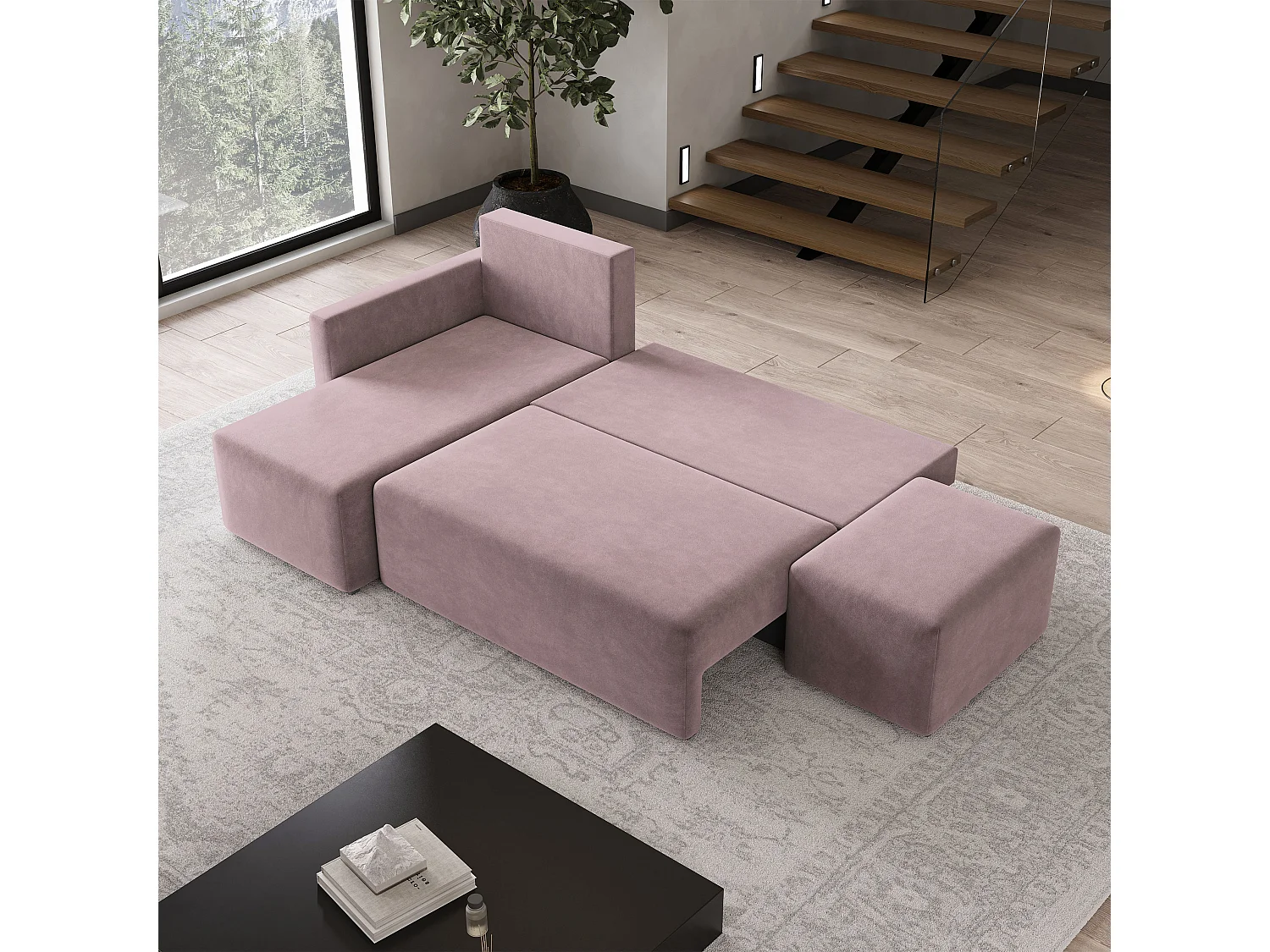 Hoekbank VELOTTI van fluweel met slaapfunctie Rosa