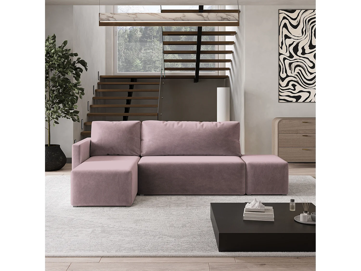 Hoekbank VELOTTI van fluweel met slaapfunctie Rosa