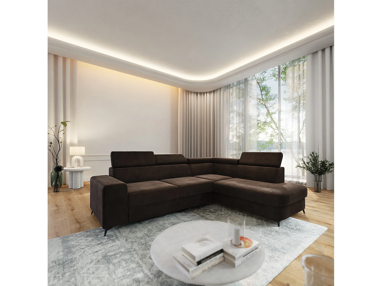 Hoekbank ALVORO van fluweel met slaapfunctie Braun