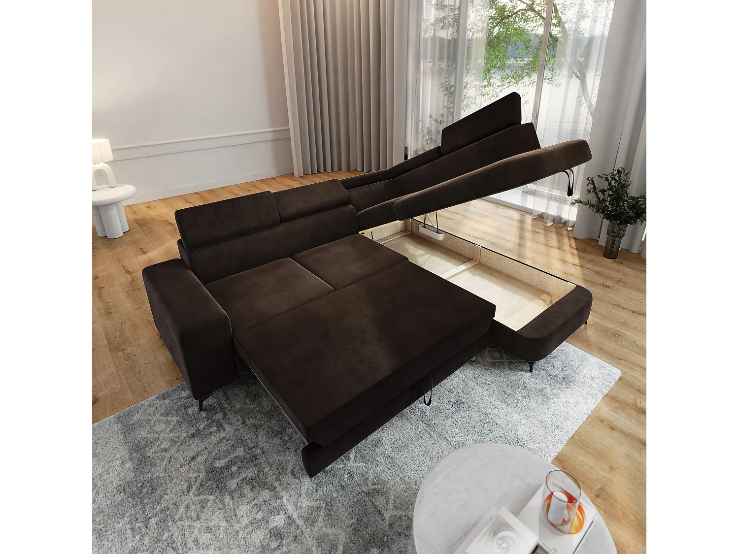 Hoekbank ALVORO van fluweel met slaapfunctie Braun