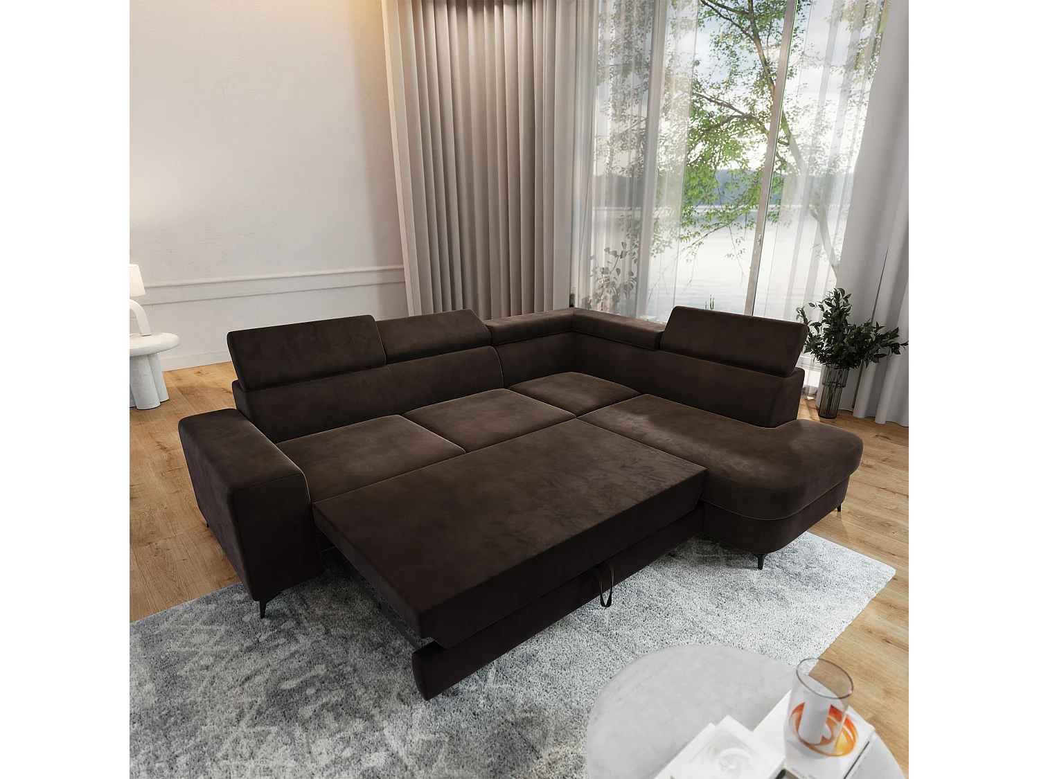 Hoekbank ALVORO van fluweel met slaapfunctie Braun