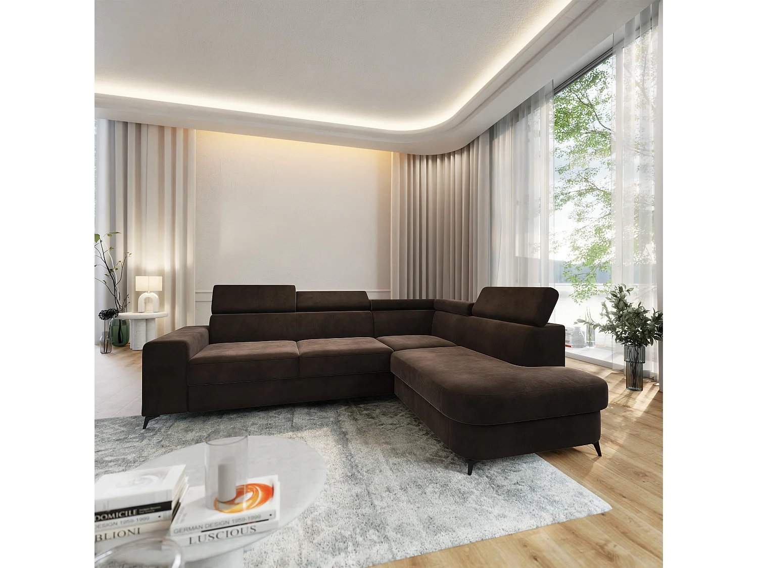 Hoekbank ALVORO van fluweel met slaapfunctie Braun