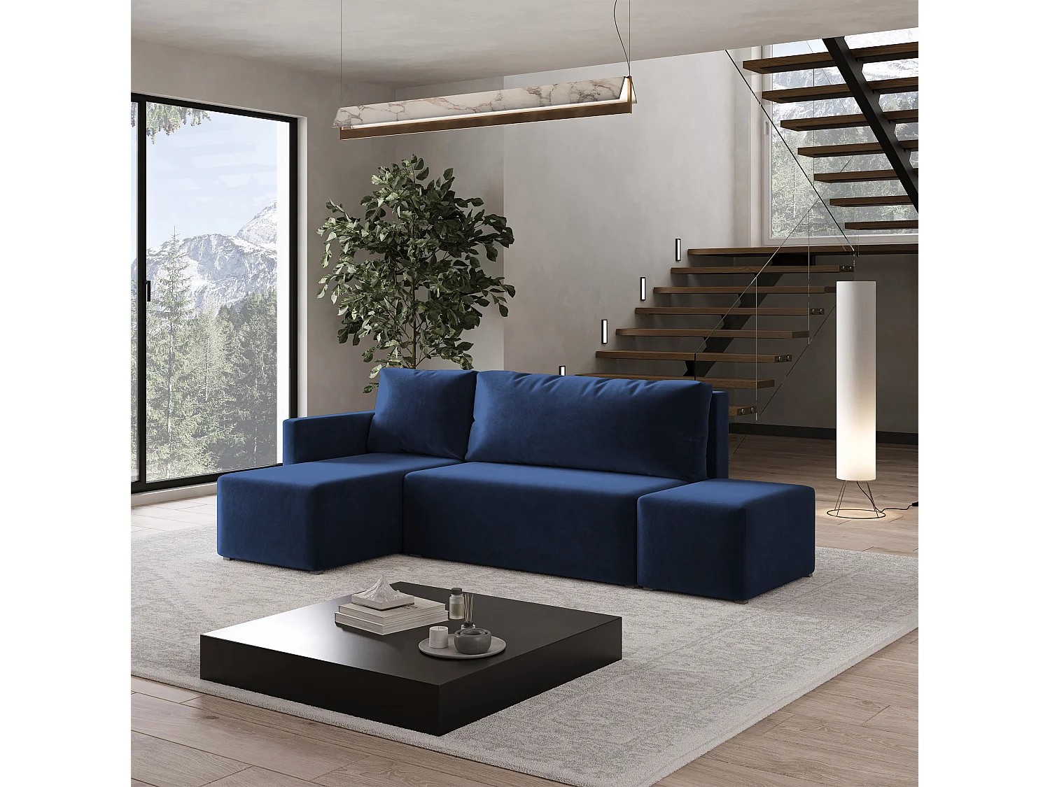 Hoekbank VELOTTI van fluweel met slaapfunctie Blau