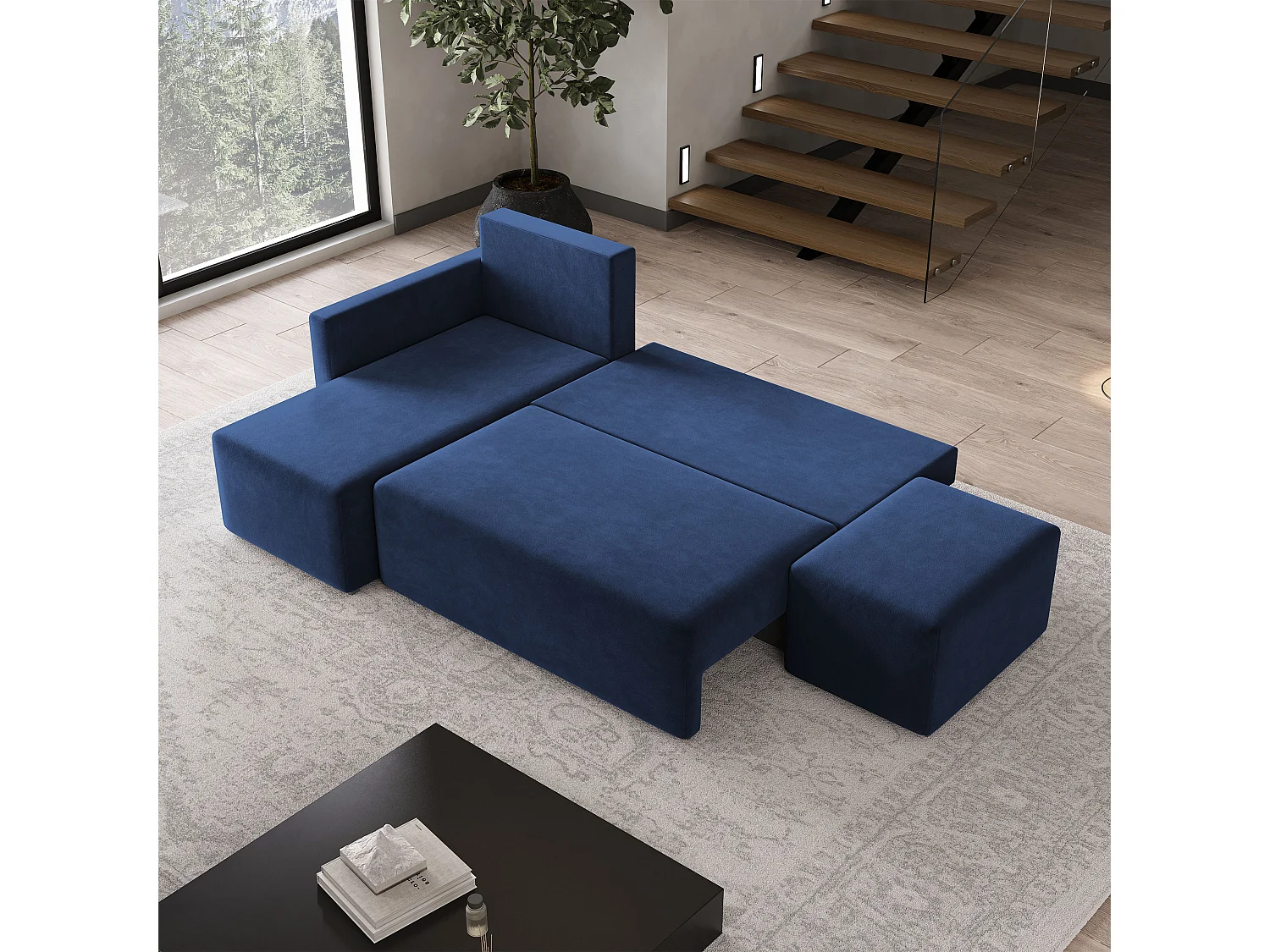 Hoekbank VELOTTI van fluweel met slaapfunctie Blau