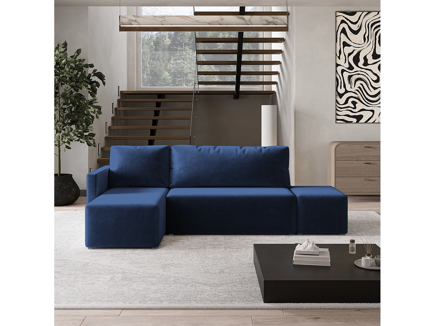 Hoekbank VELOTTI van fluweel met slaapfunctie Blau