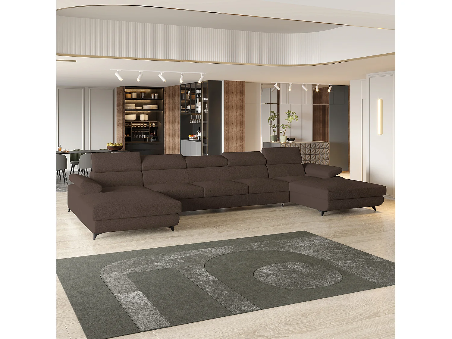 Canapé d'angle VIVENTE Marron en bouclé avec fonction de couchage