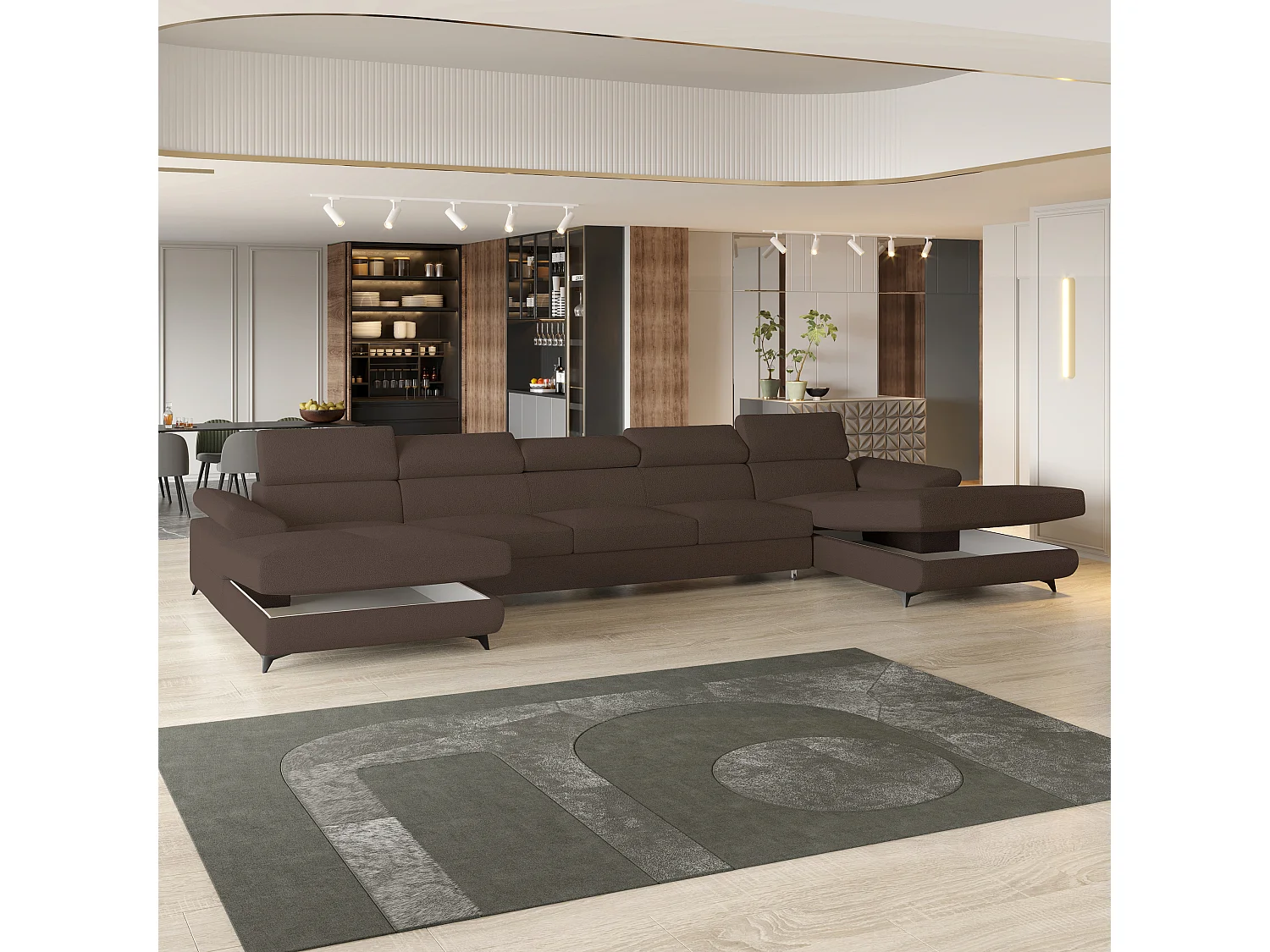 Canapé d'angle VIVENTE Marron en bouclé avec fonction de couchage