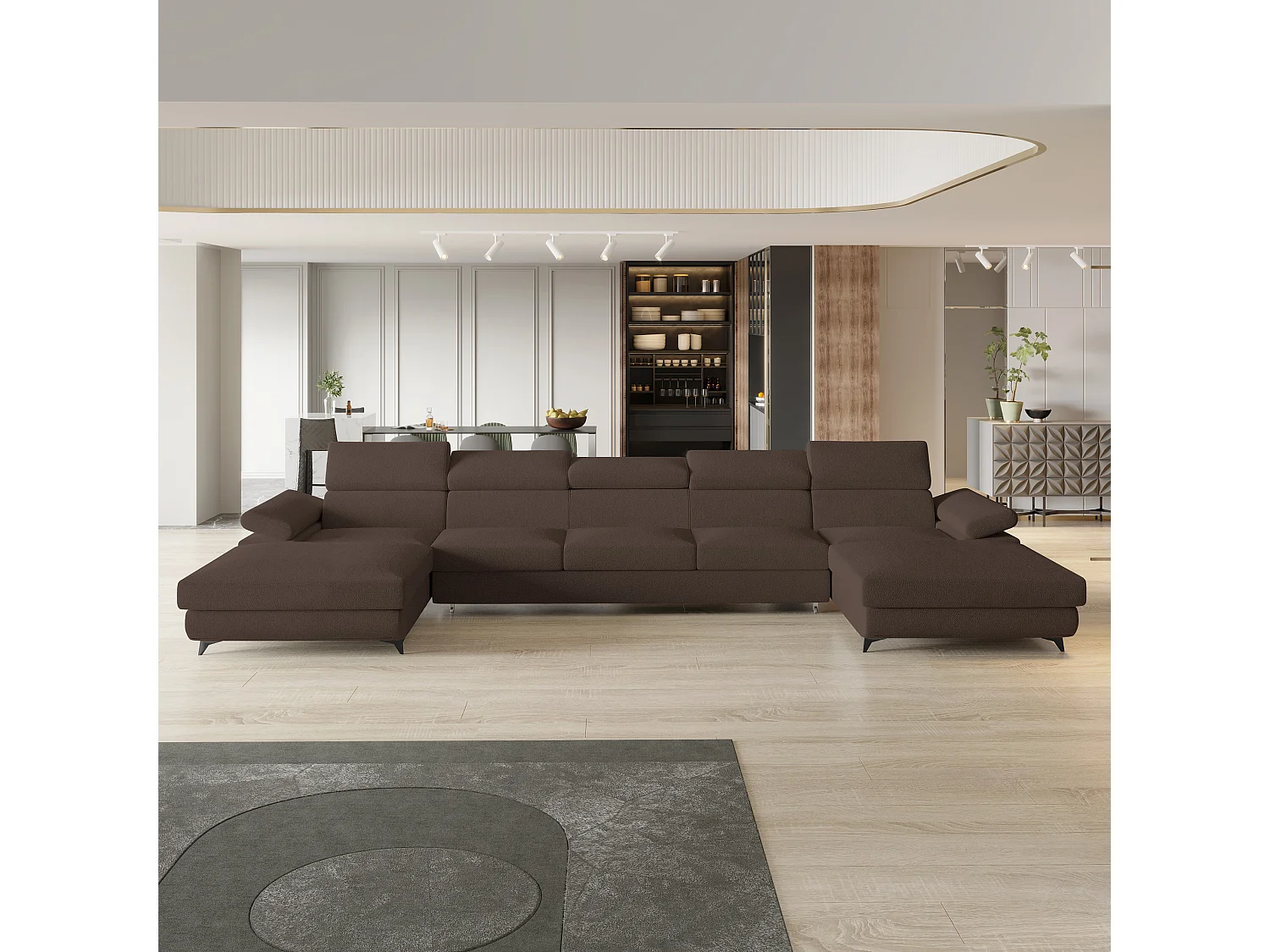 Canapé d'angle VIVENTE Marron en bouclé avec fonction de couchage