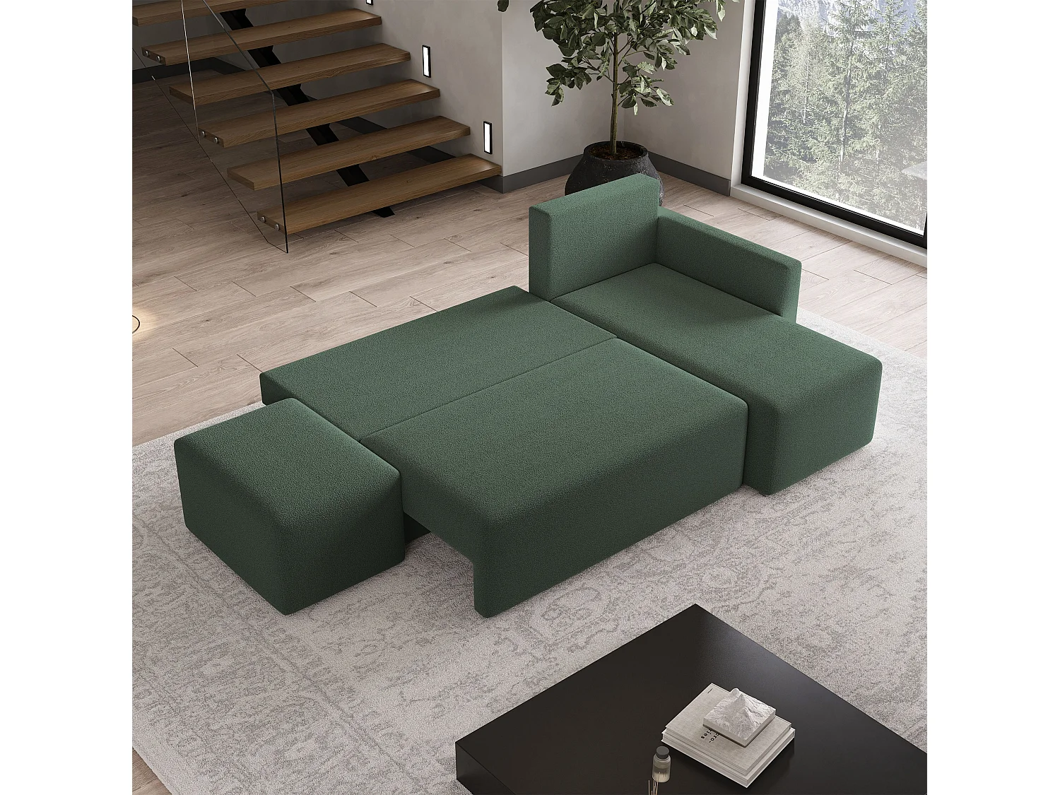 Hoekbank VELOTTI van fluweel met slaapfunctie Grün