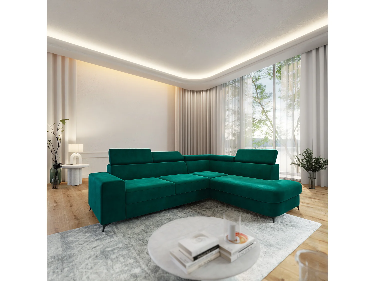 Hoekbank ALVORO van fluweel met slaapfunctie Grün