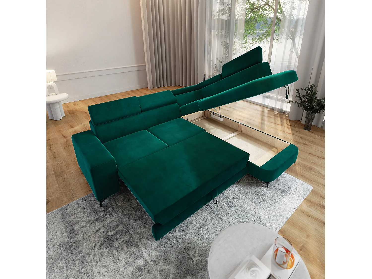 Hoekbank ALVORO van fluweel met slaapfunctie Grün