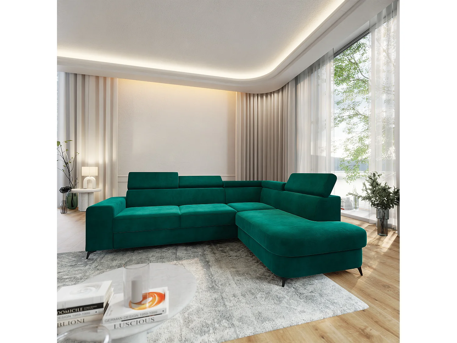 Hoekbank ALVORO van fluweel met slaapfunctie Grün