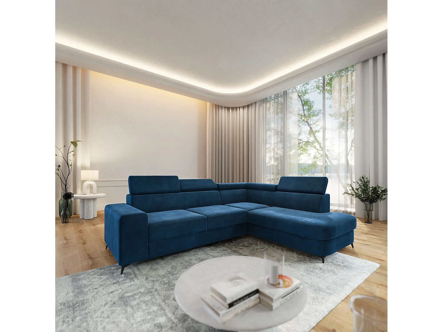 Hoekbank ALVORO van fluweel met slaapfunctie Blau