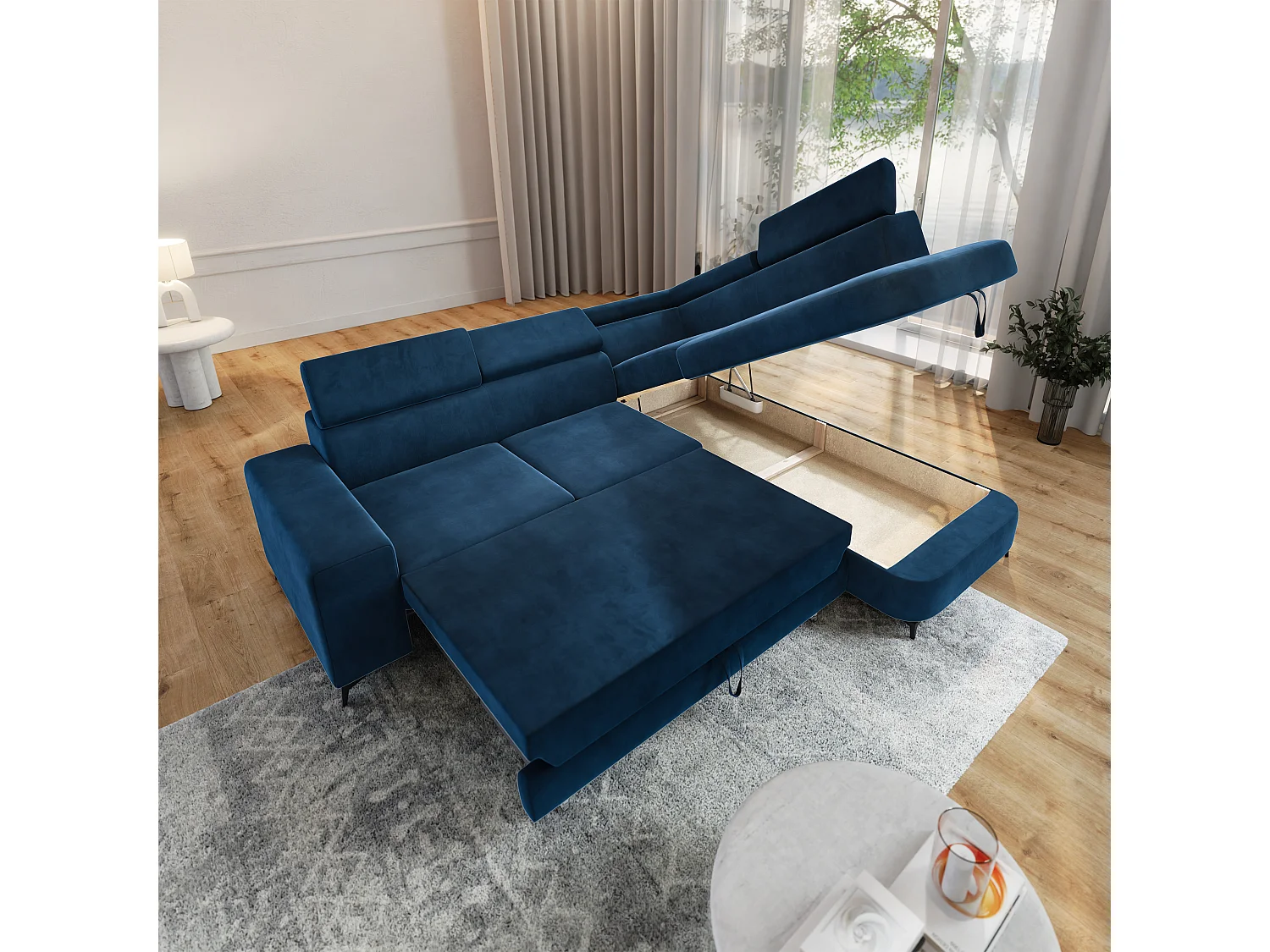Hoekbank ALVORO van fluweel met slaapfunctie Blau