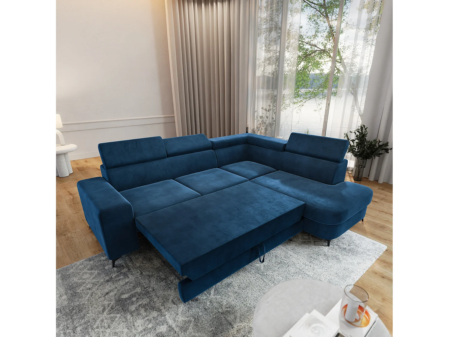 Hoekbank ALVORO van fluweel met slaapfunctie Blau