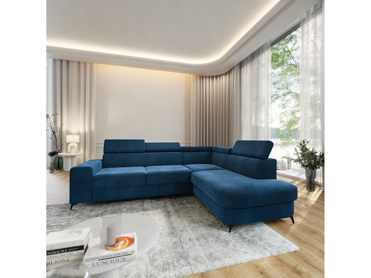 Hoekbank ALVORO van fluweel met slaapfunctie Blau